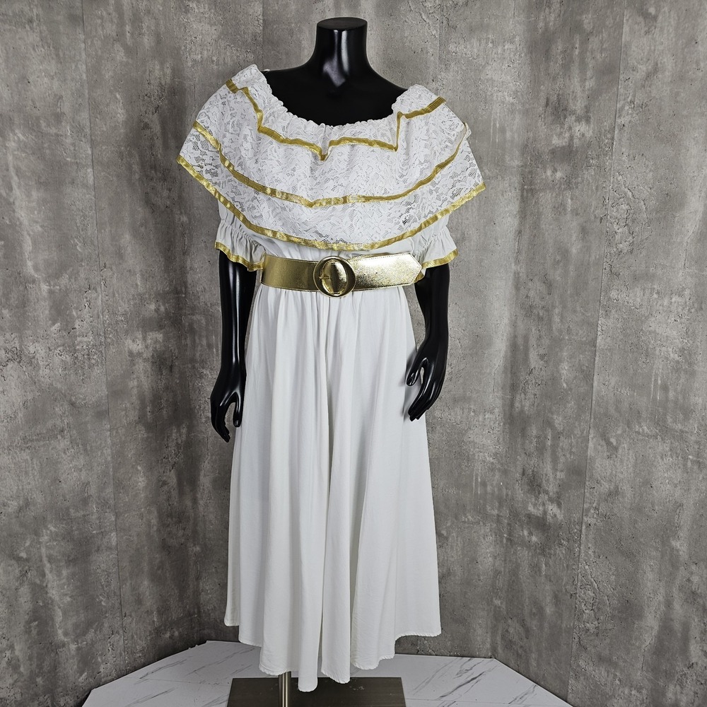 Vintage 80s Menu Greek Goddess White Peasant Dress Gold Trim Ruffle Off Shoulder